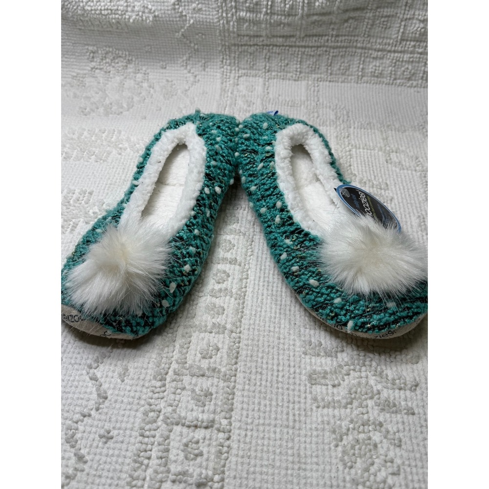 Snoozies Nubby Knit Pom Pom Slipper Socks Teal‎ Medium 7-8 Cozy Sherpa Lined